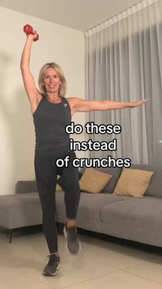 an older woman is doing exercises in her living room with the words do these instead of crunches