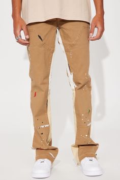 Available In Tan/Multi. Stretch Fabric Flared Fit 5 Body Pocket Zip Fly Button Closure Contrast Panel Open Hem Paint Splatter Detail 98% Cotton 2% Spandex Imported | Mens Both Ways Slim Stacked Flared Pants in Tan size 36 by Fashion Nova Fitted Beige Cotton Cargo Pants, Fitted Beige Pants For Streetwear, Fitted Multicolor Pants For Streetwear, Fitted Brown Cargo Pants For Spring, Flared Pants, Paint Splatter, Flare Pants, Fashion Nova, Mens Pants