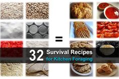 several pictures with the words 32 survival recipes for kitchen fogging on them and images of food