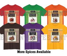 four t - shirts with different colors and designs on them, including one for each