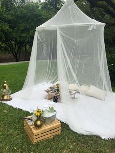 a white canopy bed sitting on top of a lush green field