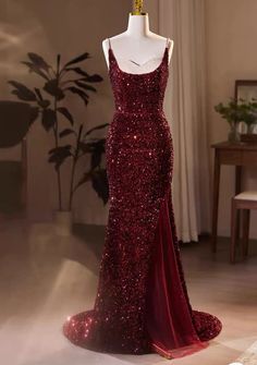 Wine Red Sequins Mermaid Long Formal Dress, Wine Red Evening Dress Party DressMaterial:sequinColor:As shown in figure color or custom colorBack details:lace-upDress type:bodyconneckline:spaghetti strapStyle:luxury&ltp&gtFeatures:shiny&lt/p&gt&ltbr/&gt&ltp&gtThis dress could be custom made, there are no extra cost to do custom size and color.&lt/p&gt&ltbr/&gt&ltp&gt1, If the color is customized, please note the color & card number.&lt/p&gt&ltbr/&gt&ltp&gt2,You can choose standard size or custom s Red Mermaid Dress With Fitted Bodice For Banquet, Red Mermaid Dress With Sweep Train For Banquet, Red Fishtail Dress For Formal Occasions, Red Mermaid Hem Evening Dress For Banquet, Red Fitted Mermaid Dress For Banquet, Fitted Red Mermaid Dress For Banquet, Red Mermaid Dress With Mermaid Hem For Banquet, Red Floor-length Mermaid Dress For Banquet, Red Fishtail Dress For Wedding