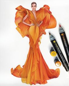 a drawing of a woman in an orange dress and some crayon pencils