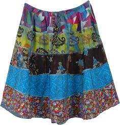 If you like tie-dye and colors, and looking for a fun summer short skirt, this is it! This bright and colorful skirt is sewn in five unique tiers of printed cotton, with five bright prints and then tie dyed in blue color. The elastic waistline allows for an adjustable fit, and the skirt is above the knee-length. Easy choice for a fun, special outing. A fun, attractive light-weight cotton voile skirt that has no lining. Length: 20" approx ; Waist: 24" - 34" (elastic waistband with drawstring, one Multicolor Patchwork Summer Skirt, Casual Multicolor Cotton Skirt, Summer Cotton Tie Dye Skirt, Summer Cotton Tie-dye Skirt, Vibrant Print Summer Skirt, Cotton Tie Dye Skirt For Summer, Summer Multicolor Vibrant Print Skirt, Vibrant Print Skirt For Summer, Multicolor Tiered Hippie Skirt