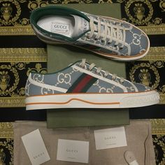 New With Box: A Brand-New, Unused, And Unworn Item (Including Handmade Items) In The Original Packaging (Such As The Original Box Or Bag) And/Or With The Original Tags Attached. Blue Gucci Sneakers With Branded Insole, Blue Gucci Low-top Sneakers, Blue Low-top Gucci Sneakers, Blue Lace-up Gucci Sneakers, Luxury Gucci Sneakers With Logo, Luxury Gucci Custom Sneakers With Logo, Designer Blue Gucci Sneakers, Blue Sporty Gucci Sneakers, Sporty Blue Gucci Sneakers