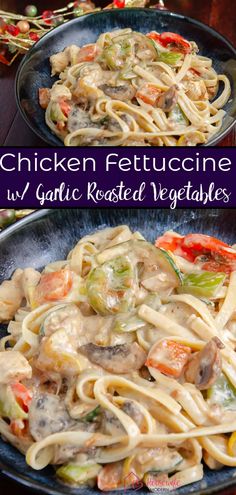 chicken fettuccine with garlic roasted vegetables in a skillet on a wooden table