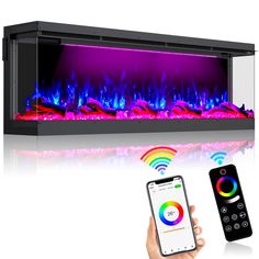 an electric fireplace with remote control and color changing flames on the side, in front of a white background