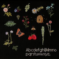 cross - stitch pattern with flowers and butterflies on black background, including the words'abcdetographlimmo parsitwoz '