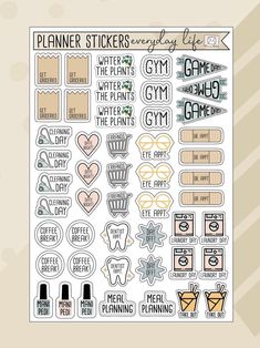 planner stickers with the words, phrases and symbols in different colors on it's side