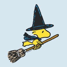 a cartoon dog in a witches hat with a broom on it's head, flying through the air