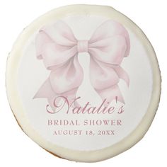 personalized bridal shower soap bar with pink ribbon and bow on white round label