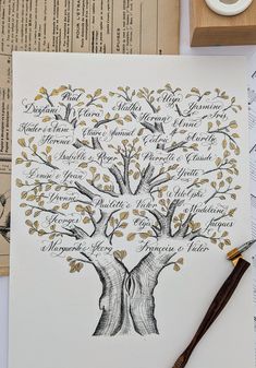 Ideal for a nice gift, a grandparent's birthday, a family memory, bringing together all your loved ones in the form of a family tree,... What could be more moving than creating and shaping YOUR family's story over several generations? I am here to beautify it according to your request! Creations made in A4 format, black or white 120mg paper. Size and color to adapt to your needs 😊 Contact me to discuss your wish, format, type of calligraphy, preferred ink color... Please note 📝 I only need a t Family Tree Drawing Ideas, Family Tree Drawing, Leaves Decoration, Family Tree Designs, Family Tree Project, Tree Family, Family Stories, Golden Leaves, Tree Drawing