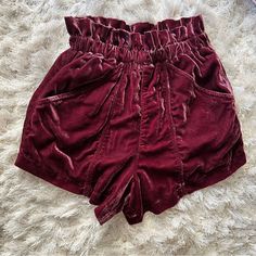 Nwot Velour Shorts. High Elastic Waist With A Cute Little Ruffle, Deep Pockets, Double Lined. Took Tags Off But Never Wore. Deep Maroon Wine Color, Luxuriously Soft And Cozy. Shimmery Velvet Looks Dressed Up While Being Super Comfy. Velour Shorts, Deep Maroon, Free People Shorts, Wine Color, Elastic Waist, Free People, Dress Up, Velvet, High Waisted