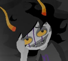 an animated image of a woman with horns on her head and yellow eyes, in front of a black background