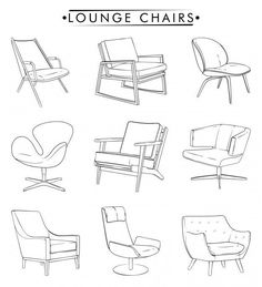 the lounge chairs are shown in black and white, including one with an arm rest