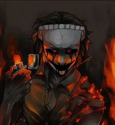 an evil looking man holding a cell phone in his right hand and burning flames behind him