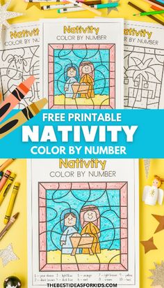 the free printable nativity color by number activity for kids is shown with crayons and markers