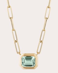 Suspended from a paper clip chain, this 18-karat gold necklace displays an emerald-cut prasiolite pendant set in a horizontal orientation and octagonal bezel frame. From Goshwara's Manhattan Collection. Lobster claw clasp 18k gold and prasiolite Carat: 2.2 ctw Polish with soft cloth Made in India Measurements Chain length: 16in Stone width: 0.35in Stone length: 0.27in Istoria Modei, Blue Topaz Pendant Necklace, Necklace Displays, Blue Topaz Necklace, Gold Pendant Jewelry, Blue Topaz Pendant, Topaz Jewelry, Topaz Pendant, Topaz Necklace