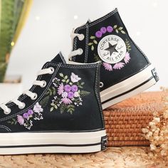 Black Converse High Top shoes embroidered with wedding flowers. With many years of shoe embroidery experience, this time I was really happy to receive a personalized canvas sneaker embroidery design for a very special customer. They sent me pictures of the bridal bouquet in their favorite colors and they wanted me to match it and embroider it on the bride's shoes. I found this request interesting and this was the gift they wanted to send to their loved ones. I also love this custom embroidery st Sneaker Embroidery, Wedding Converse