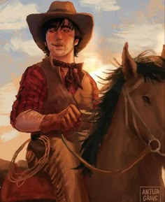 a painting of a man riding on the back of a brown horse with a cowboy hat