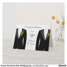 congratulations card with two tuxedos in black suits and green bow ties on the front