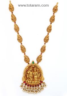 22 Karat Gold 'RadhaKrishna - Peacock' Necklace with Beads & Pearls (Temple Jewellery)
  Necklace Length with Pendant : 15.00 inches - 235-GN4214 - in 29.050 Grams for USD $2106.94. 
Made in India by Totaram Jewelers Online this product is in Gold - 22 Karat BIS Hallmark 916 KDM Gold  & is an excellent gift for Adult - Women. Ships fully insured with secured guaranteed delivery for free with your order over $250 from New Jersey USA & comes with 30 days exchange policy. Luxury 22k Gold Bollywood Necklace, Luxury 22k Gold Temple Necklace With Stone Work, Radhakrishna Pendant Gold, Luxury Antique Pendant Temple Necklace, Luxury Pendant Temple Necklace For Festivals, Luxury Elegant Yellow Temple Necklace, Luxury 22k Gold Chandbali Necklace, Temple Jewellery Necklace, 22k Gold Necklace