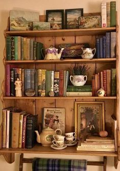 a book shelf filled with lots of books and teapots on top of it