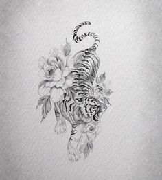 an ink drawing of a tiger with flowers on it's back and the tail