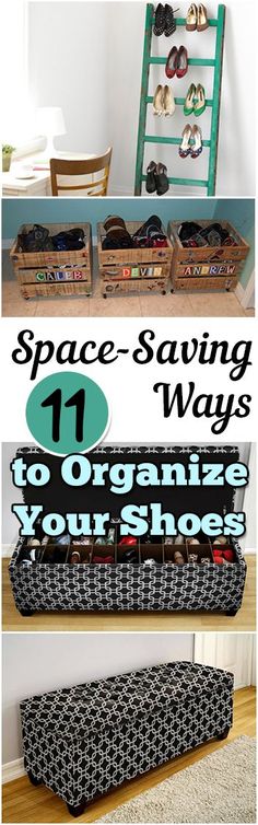 space saving ways to organize your shoes in the living room, bedroom or office area