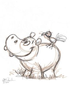 a drawing of a hippo and a bird sitting on it's back