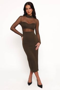 Farrow Long Sleeve Midi Dress - Olive Midi Dress With Sheer Bodice, Club Mesh Dress With Sheer Sleeves, Stretch Mesh Dress With Sheer Sleeves For Club, Sheer Stretch Knee-length Mesh Dress, Chic Mesh Club Dress, Stretch Bodycon Dress With Mesh Sleeves For Night Out, Sheer Back Mesh Dress For Club, Night Out Mesh Dress With Sheer Back, Night Out Sheer Back Mesh Dress