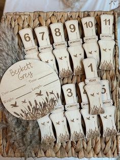 a wicker basket filled with lots of wooden numbers and place cards on top of it