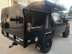 a black truck with a small dog in the bed and windows on it's side