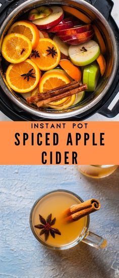 an instant pot spiced apple cider with cinnamon sticks and apples