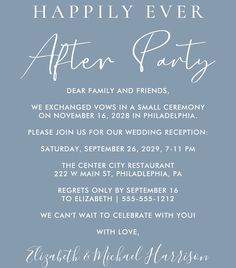 the happily ever after party is on display in this blue and white card with an elegant script