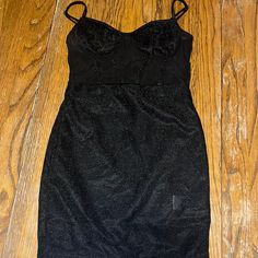 Never Worn, Brand New, Glittery, Sits Small Black Fitted Glitter Dress, Fitted Black Glitter Dress, Lurex Mini Dress For Date Night Party Season, Lurex Mini Dress For Date Night Party, Party Season Lurex Mini Dress For Date Night, Evening Fitted Lurex Mini Dress, Black Glitter Bodycon Dress For Evening, Fitted Lurex Mini Dress For Party, Glitter Lurex Mini Dress For Night Out