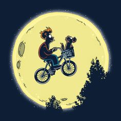 a man riding a bike with a dog on the back in front of a full moon