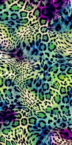 an animal print pattern in green, purple and blue colors with black spots on it