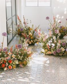 several different types of flowers on the ground