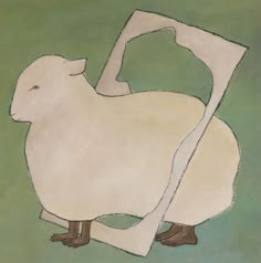 a drawing of a white sheep standing on its hind legs and holding a piece of paper in it's mouth