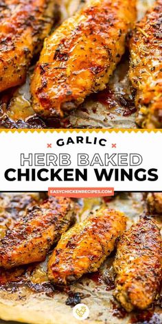 garlic herb baked chicken wings on a baking sheet with text overlay that reads garlic herb baked chicken wings