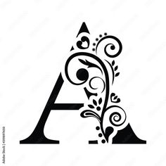 the letter is decorated with swirls and leaves in black on a white background,