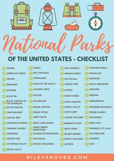 the national parks of the united states checklist is shown in an orange and blue background