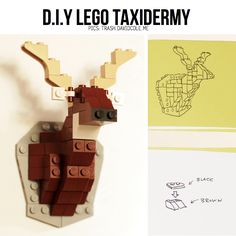 a lego deer head is shown next to a piece of paper with the word d i y lego taxidermy written on it