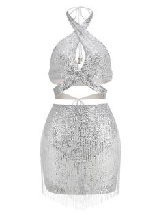 This glamorous Altalune Halterneck Sequin Skirt Set in Silver will make you stand out in any crowd. The sleeveless halterneck design with a fringed sequin mini skirt provides an exciting and unique combination of style, comfort and sparkle. The perfect outfit for any special occasion. Material: 100% Polyester Invisible zipper opening at the back Stretch Factor: Non Stretch Clean: Hand wash cold Color may vary due to the lighting on images. The product images (without model) are the closest to th Wrap Halter Top, Tassel Dress, Sequin Mini Skirts, Backless Mini Dress, Backless Design, Feather Dress, Sequin Mini, Sequin Fabric, Silver Dress