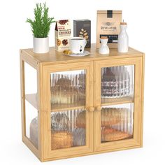 a wooden cabinet filled with pastries and coffee