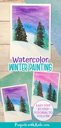 Winter watercolor art project for kids with a snowy hill, evergreen trees, a sunset sky and snow falling. Winter Art For Kids, Winter Watercolor, Winter Project, Winter Crafts For Kids