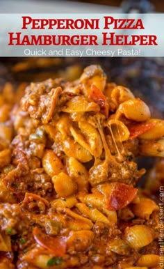 pepperoni pizza hamburger helper is shown with pasta and cheese on it's fork