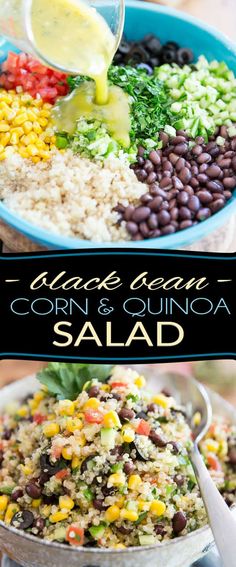 corn and quinoa salad in a bowl with dressing being drizzled over it