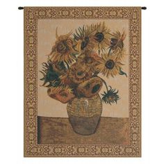 a tapestry with sunflowers in a vase on a table cloth hanging from a wall